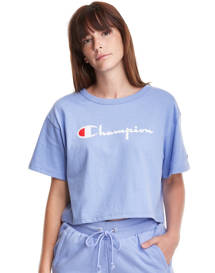 Champion Heritage Cropped Script Logo Kadın Tişört Açık Mavi ( MKHGIO641 )